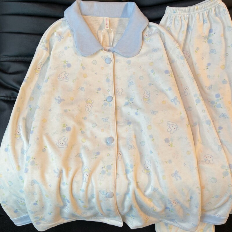 [Warm Cashmere] Cute Blue Collar Floral Miffy Pajama Set, Comfortable and Warm Autumn/Winter Loungewear