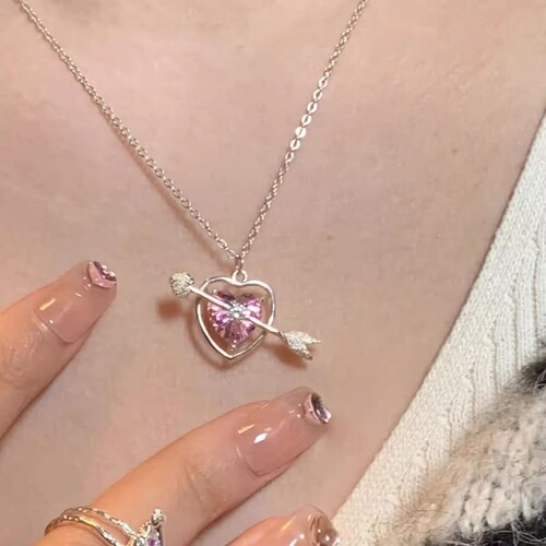 Arrow Through Heart Pink Diamond Female Student Necklace Love Clavicle Chain Light Luxury Niche Accessory Best Friend Necklace Birthday Gift