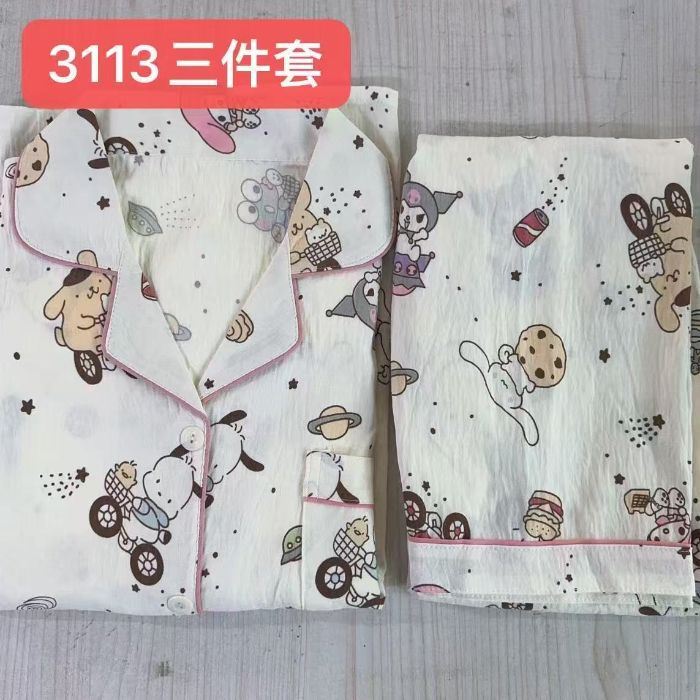 Comercio exterior nube transfronteriza algodón de tres piezas pantalones cortos de manga corta pantalones pijamas de verano ropa a domicilio rebeca de dibujos animados solapa