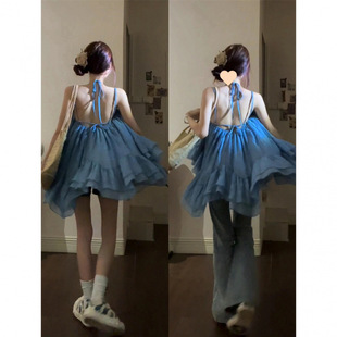 早秋甜美純欲風吊帶裙上衣寬松蓬蓬褶皺短裙套裝新中式國風連衣裙