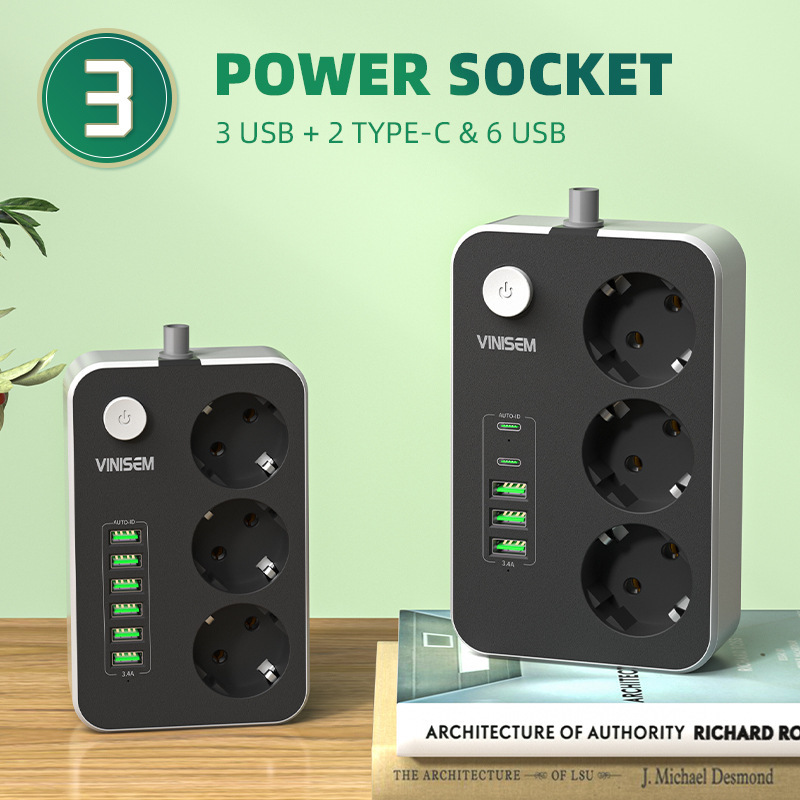 跨境专供欧规6USB插座欧式带type c充电排插家用接线板