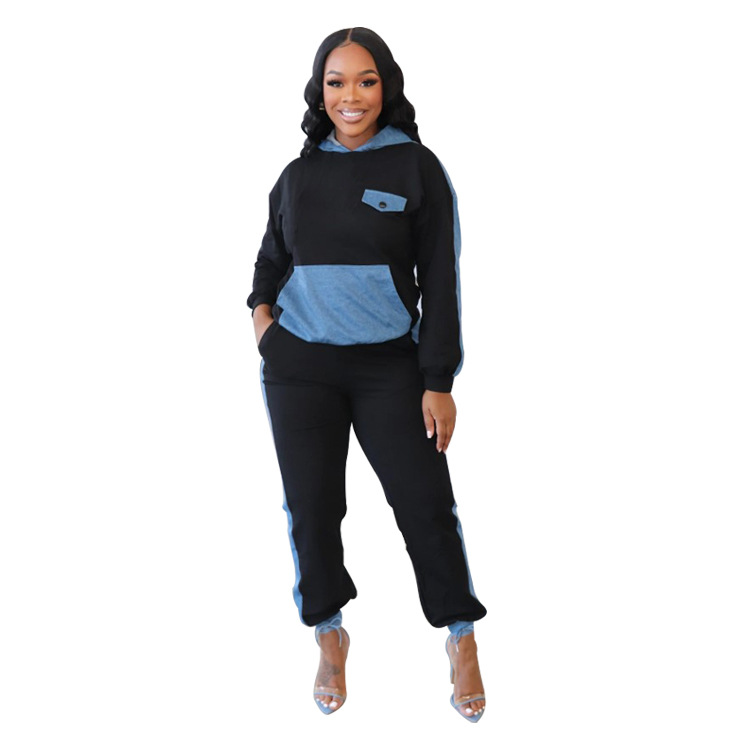 Women's Clothing 2024 autumn and winter hit casual denim patchwork hooded two piece suit_voghion.com
