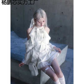 【轻lo白裙】小个子穿搭2025夏季新款白色蕾丝露肩绑带收腰连衣裙