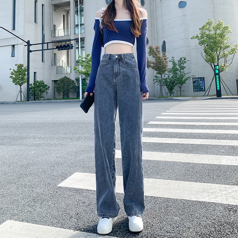 女性用ハイウエストストレートジーンズ2025春秋新スタイル小柄なドレープワイドレッグフロアレングスパンツトレンディ|undefined