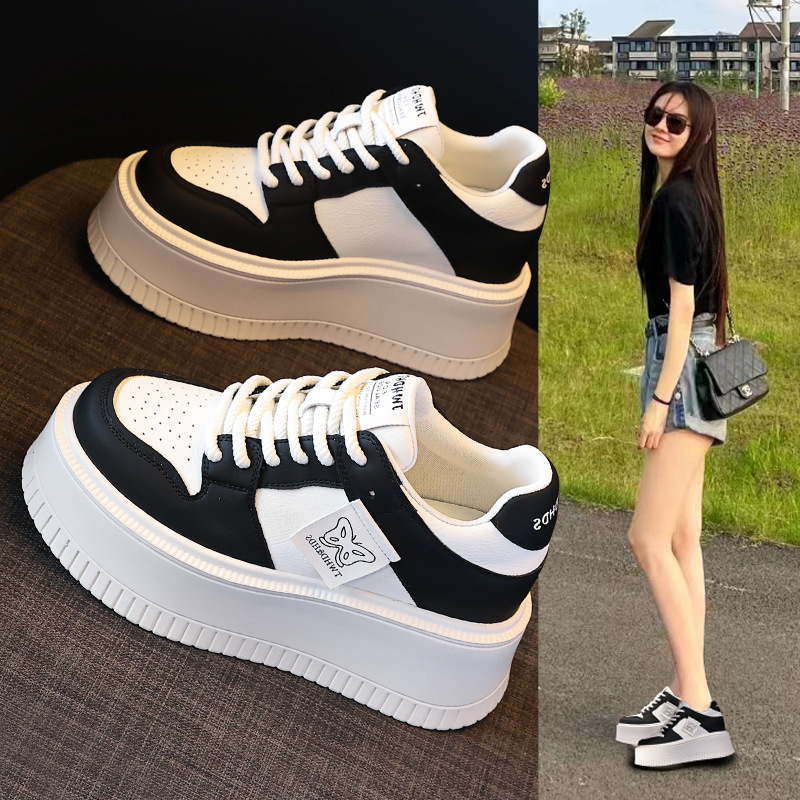 Giày sneaker nữ đế bánh xốp tăng chiều cao bên trong, phối đơn giản mùa hè thu 2024 — Màu be, Màu đen