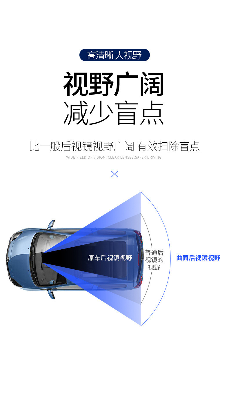 High-Definition Car Interior Rearview Mirror, Car Interior Reversing Rearview Mirror, Large Field of View, Wide-Angle Mirror, High-Definition Curved Glass Reflection