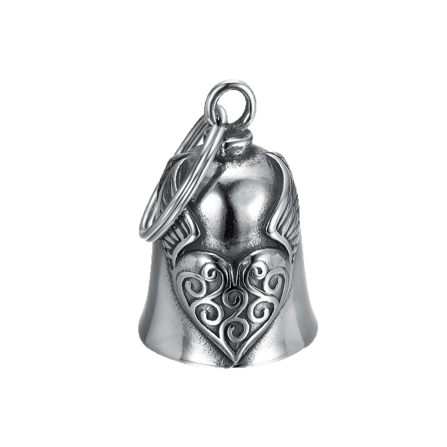 Moto de personalidad europea y americana transfronteriza, santo patrón de la conducción, material de acero inoxidable, alas de amor, campana, negro retro