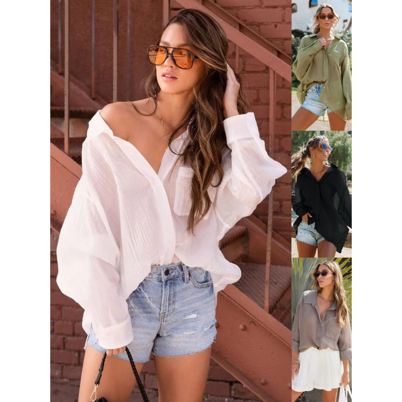 2023 Cross-Border Aliexpress European and American Wrinkled Fabric Loose Casual Beach Bikini Sun Protection Casual Shirt Cover-Up