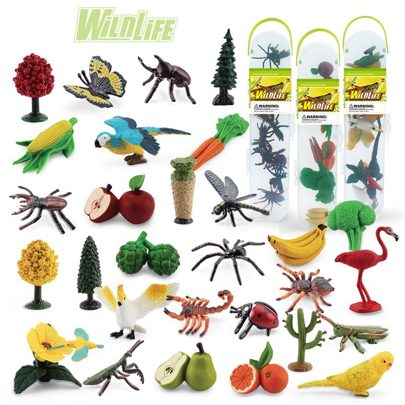 跨境收纳盒套装仿真迷你鸟类树植物昆虫蔬菜水果模型桌面装饰摆件