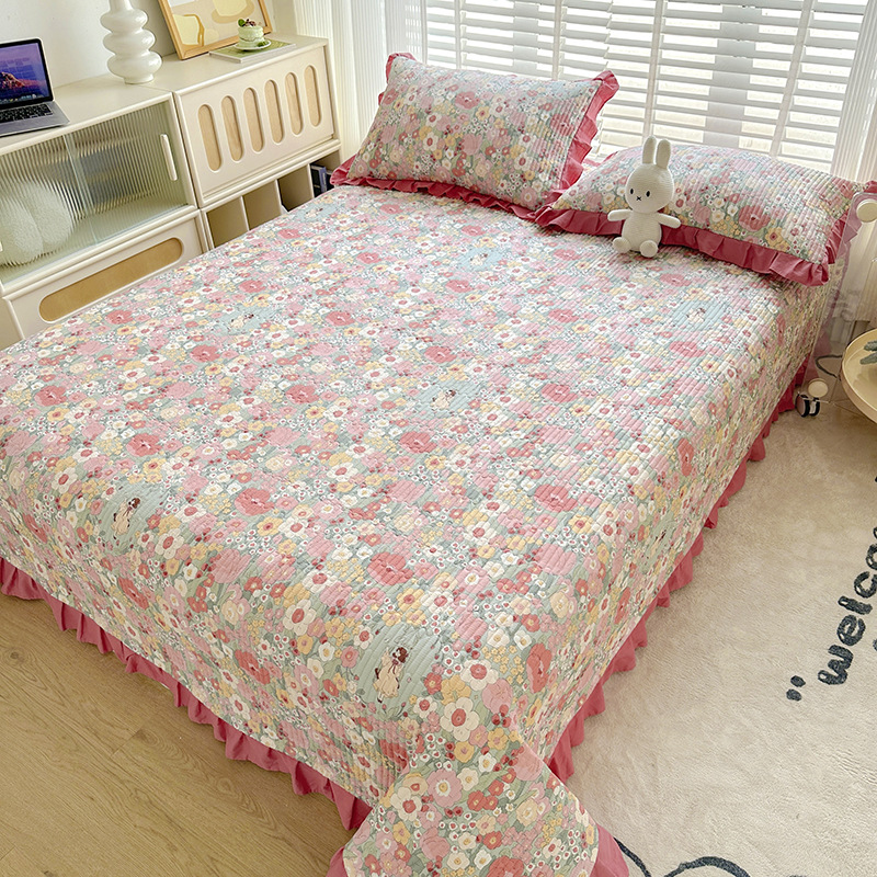 全棉床蓋40支斜紋夾棉絎縫花邊榻榻米床蓋四季通用防滑床單品批發