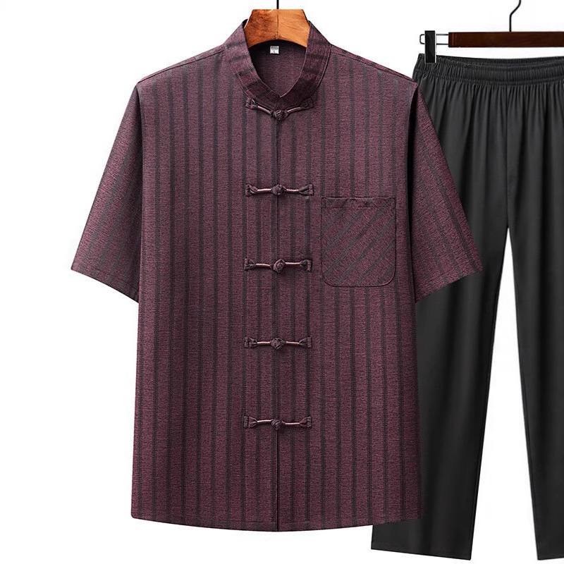 唐装スーツメンズお父さん 2025 夏服中高年おじいちゃん夏半袖レトロ中国風朝の運動服|undefined