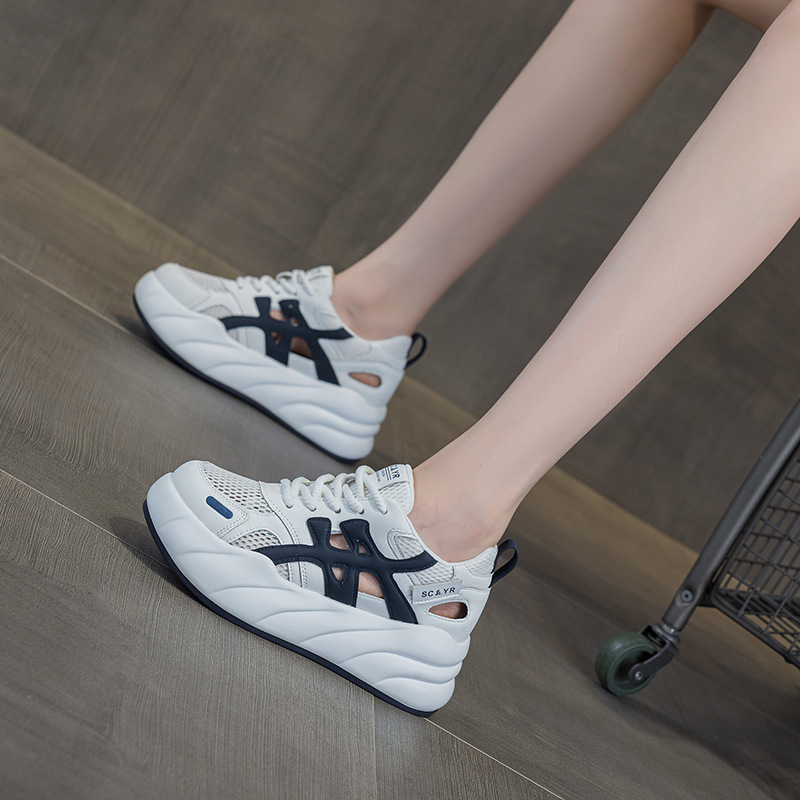 Giày sneaker nữ đế dày tăng chiều cao, phong cách thể thao thời trang, thiết kế đục lỗ thoáng khí mùa hè — M2896 màu trắng, M2896 màu xanh lam
