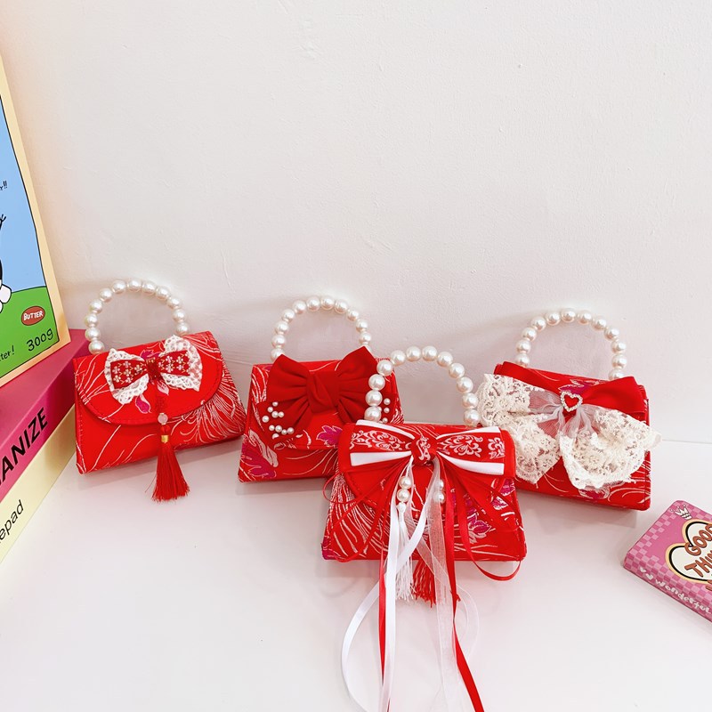 Perla bolsos de mano para niños, bolsos de niña, bolsos de niña dulce, bolsos de mano, bolsos de cambio de arco de Año Nuevo.