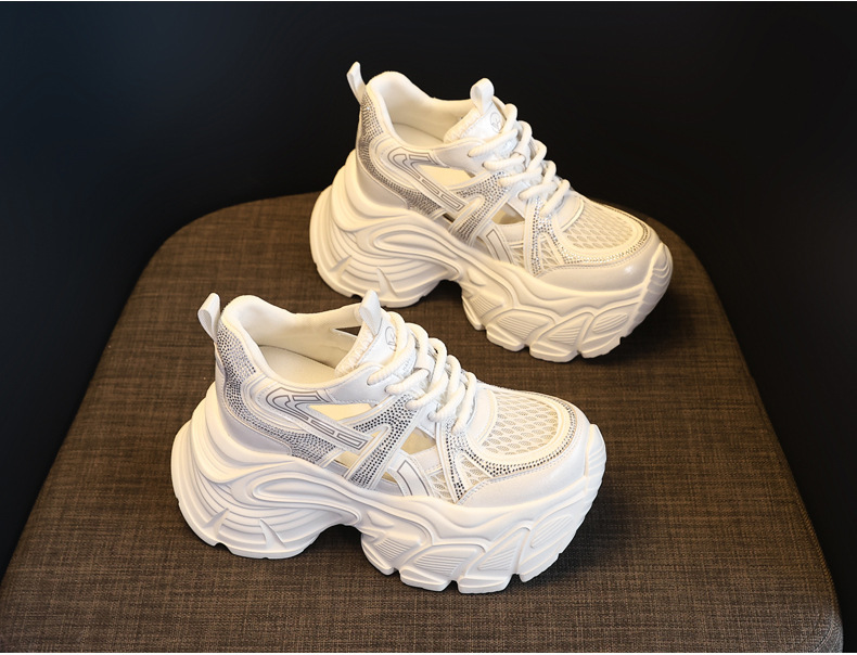 Giày sneaker nữ đế dày tăng chiều cao, mặt lưới đính đá lấp lánh — màu trắng chi tiết 5