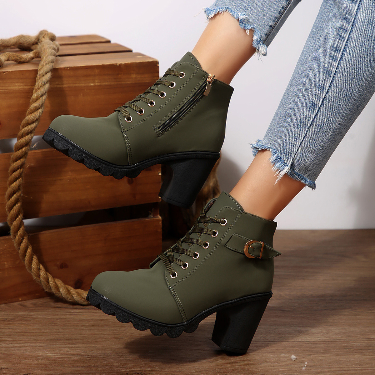 ShoeVault Women's Leather Low-Cut Chunky Round Toe High Heel Lace-Up Brown Ankle Boots Spring Autumn Plus Size Height Increasing_vogvips.com