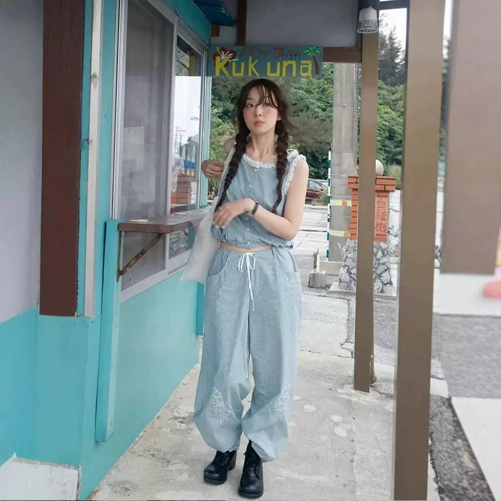 现H 绿色格子休闲套装女2025夏季花边无袖背心休闲裤两件套flet*a