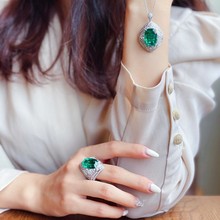 高端网红直播热卖新品仿真祖母绿碧玺满钻开口戒指女吊坠项链套装