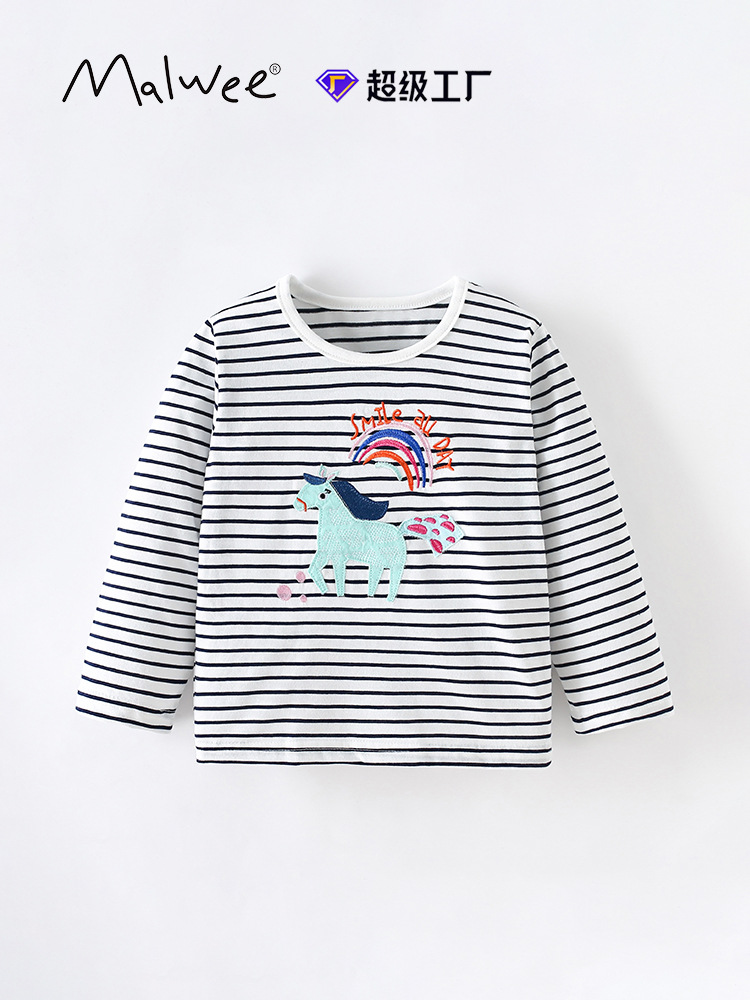 Malwee camiseta de cuello redondo a rayas de niña otoño y invierno nuevo estilo europeo y americano camiseta de niños de manga larga camiseta de fondo para niños