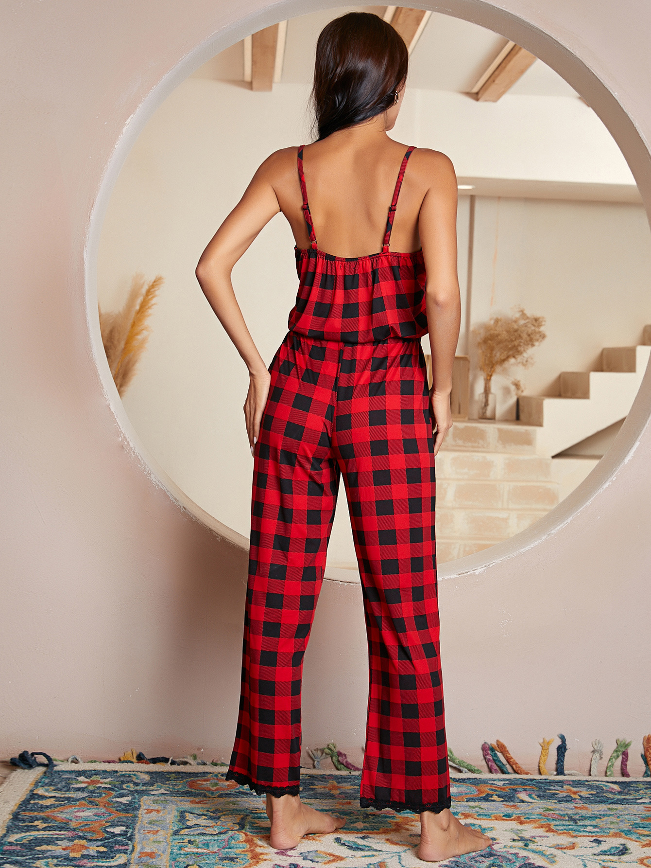 sling low-cut backless slim plaid lace one-piece Pajamas Loungewear-Can be worn outside NSWFC130741