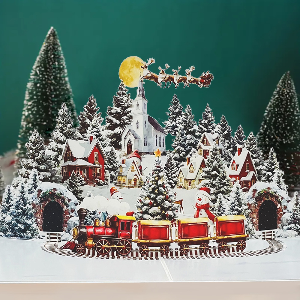 3D夜城雪人森林 弹出式圣诞贺卡 手工制作冬日圣诞节礼物