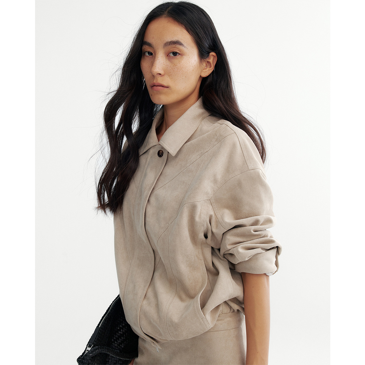 边也Bie美拉德仿麂皮绒夹克女秋季复古双拉链翻领机车短款外套女