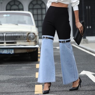 Cross-Border Amazon Fashion Slim Knitted Denim Splicing Elastic Waist Wide-Leg Casual Pants Temperament Commuting Plus Size