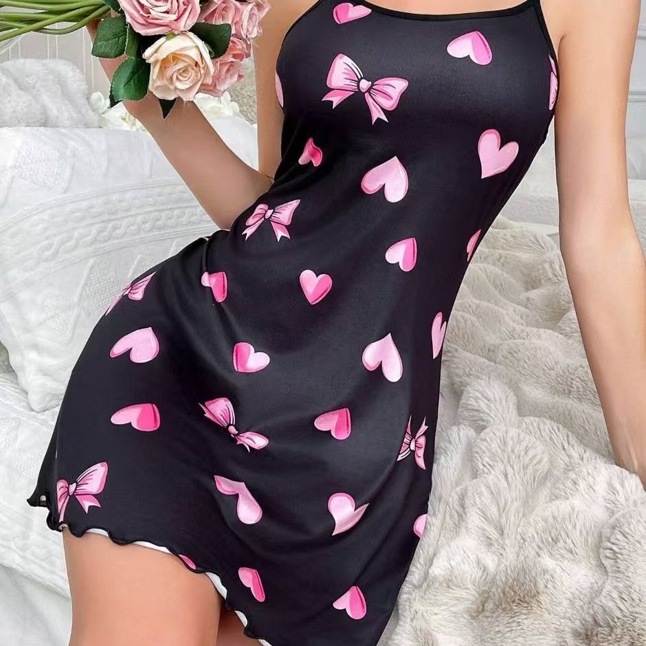 2025外贸欧美新款情人节红色love爱心印花吊带睡裙女士家居服批发