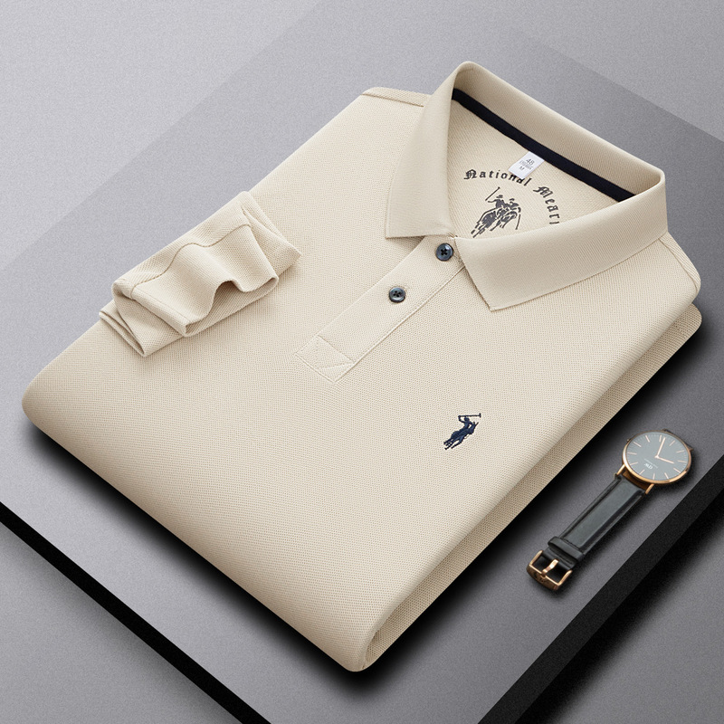 Men's casual work polo shirt, 100% mercerized cotton, long sleeves, solid color, soft fabric, simple design with embroidered details Men's casual work polo shirt, 100% mercerized cotton, long sleeves, solid color, soft fabric, simple design with embroidered details