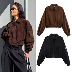 跨境外贸女装2025秋季欧美绒面质感拉链装饰短款夹克棒球服外套女
