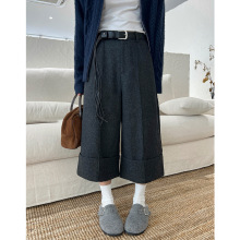 ［简裁］T-PLATFORM广州十三行 秋冬设计感毛呢休闲七分裤女22622