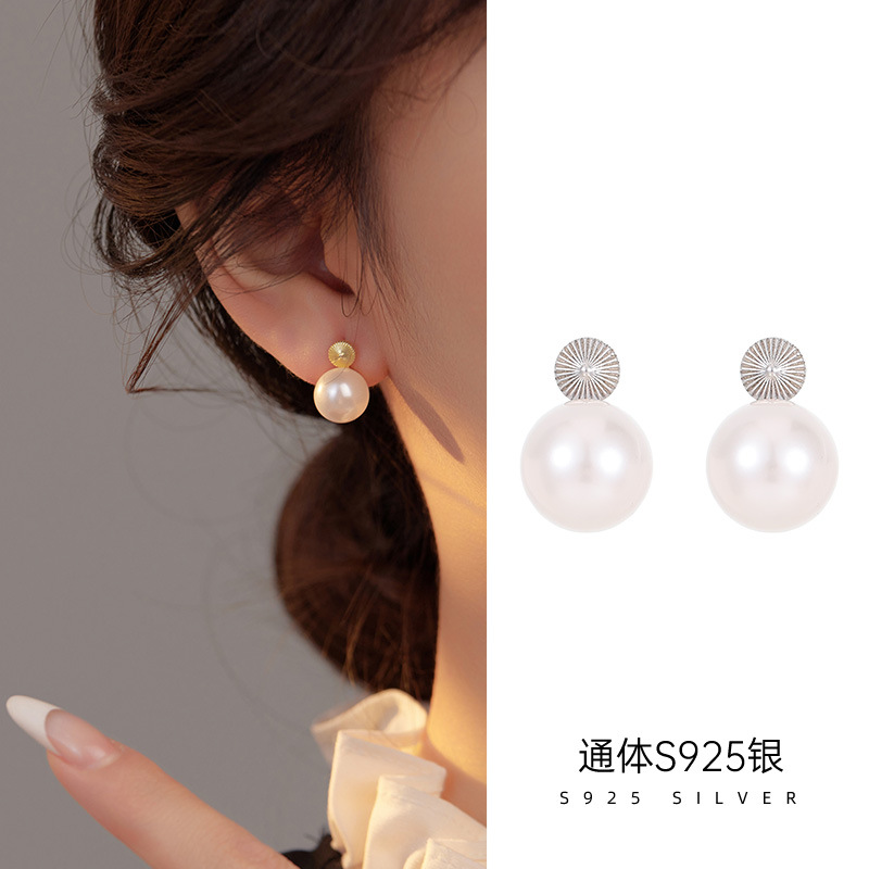 韓國fever同款耳飾925純銀珍珠耳釘車花設計高級感耳環女百搭簡約