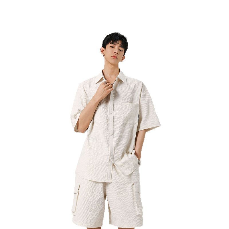 American Style Workwear Short-sleeved Shirt Men's Summer Casual Two-piece suit Loose plus size Shorts Cool Sports suit