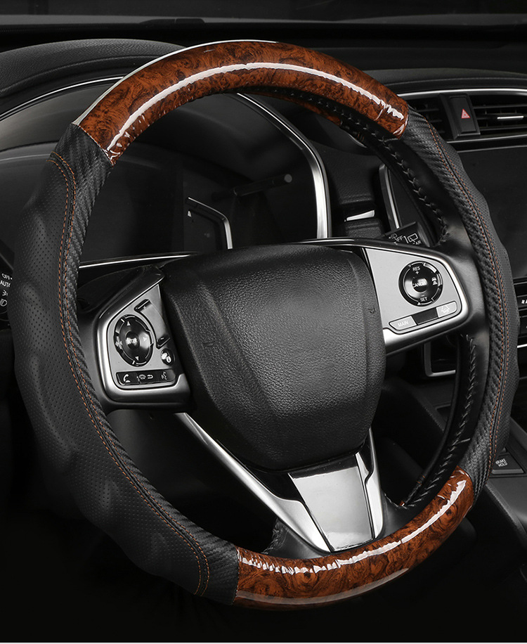 2026 New Model Peach Wood Grain Steering Wheel Cover, Universal for All Seasons, Carbon Fiber Spliced Leather Car Handle Cover, Foreign Trade Cross-Border