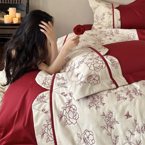 Modern Style Wedding Red Cotton Embroidery Accompanying Bedding Set