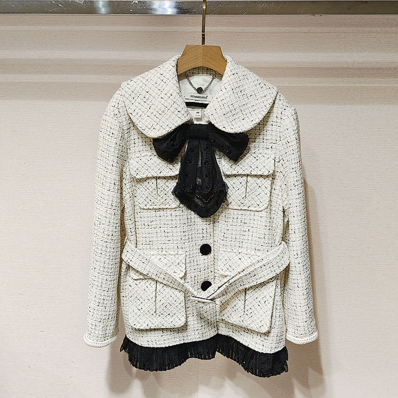 Shenzhen Nanyou 2026 Spring Women's Elegant Retro Tweed Bow Belted Mid-Length Jacket S260009