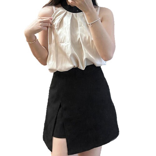 Black split suit and short skirt, women's summer large size fat mm, belly-covering, slimming pear shaped figure, high-waist a-line skirt