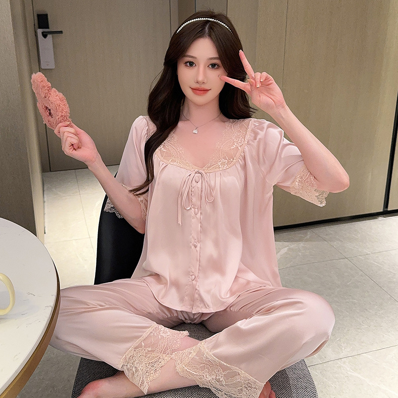 2026년 신상 여성용 잠옷, 여름용 아이스 실크 반팔 긴바지, 달콤하고 순수한 스타일, 가벼운 럭셔리 실크 섹시 홈웨어
