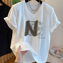 冰丝凉感洋气短袖新款夏季女生短袖衫宽松白色女装V领气质上衣ins