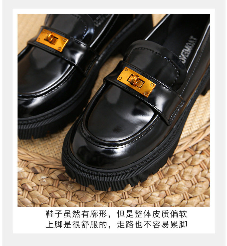 Giày lười nữ da mềm mũi tròn đế dày khóa vàng gót vuông 3–5 cm — Màu đen chi tiết 13