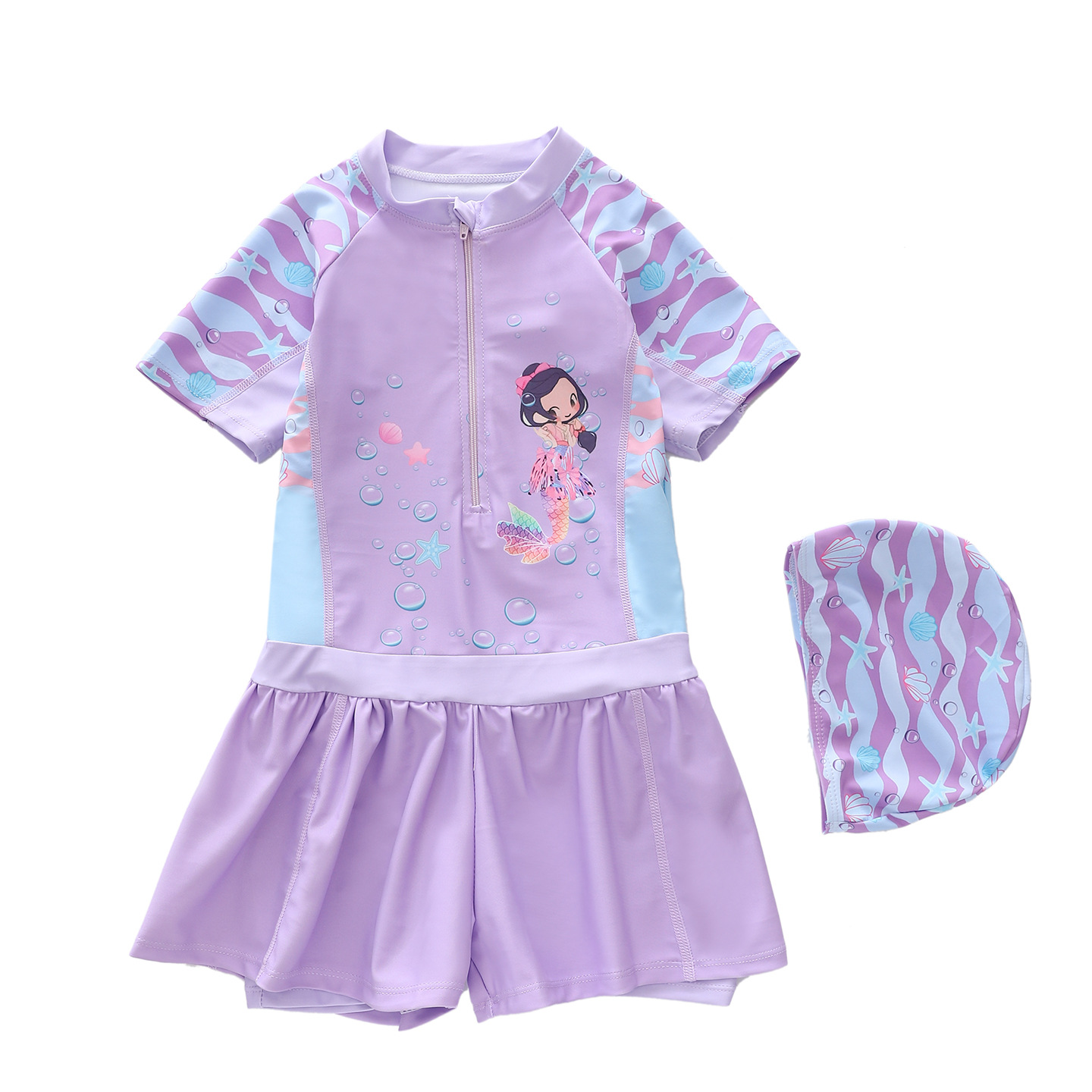 Traje de Baño Deportivo de Una Pieza de Manga Corta para Niñas de Poliéster Alta Elasticidad para Natación