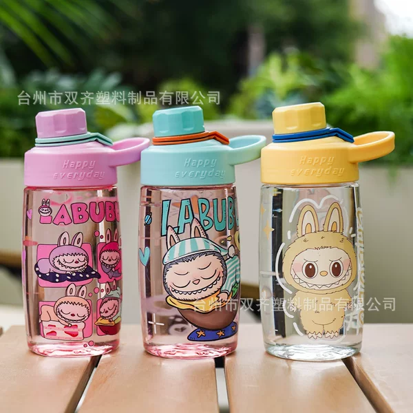 Labubu Cartoon Pattern Transparent Plastic Cup, High-Looking, Large-Capacity Water Cup, Anti-Fall Cup, Direct Drinking Cup, Portable Cup with Carrying Strap