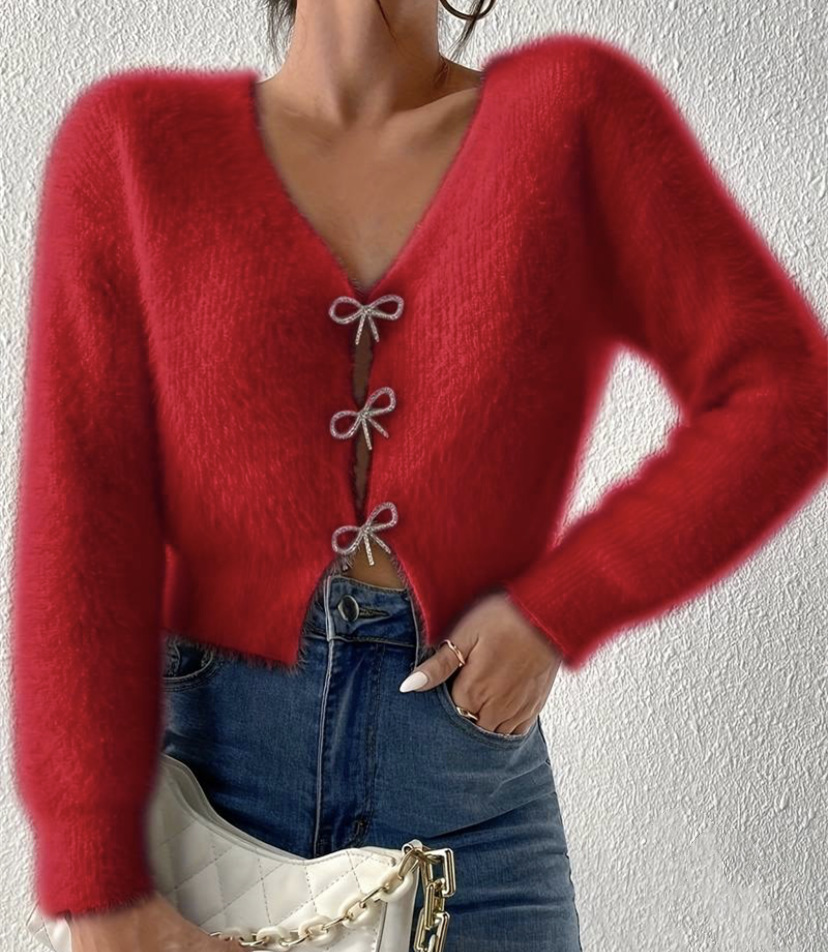 Cardigan grande de vison sintético com decote em V – mistura de acrílico felpudo com punhos canelados (P-GG, rosa/vermelho de inverno, essencial para o estilo boho streetwear)_voghion.com