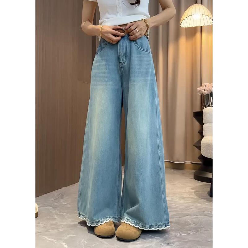 Aimeerosa/Ai Luosa Trendy Versatile Wide-Leg Jeans for Women with Unique Design and Lace Hem Floor-Length Pants Aimeerosa/Ai Luosa Trendy Versatile Wide-Leg Jeans for Women with Unique Design and Lace Hem Floor-Length Pants