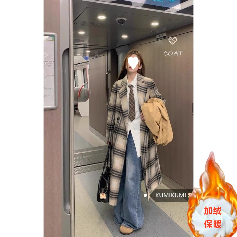 여성용 라펠 플레드 긴팔 윈드브레이커 재킷 겨울 기질 느슨한 중간 길이 상의 트렌디