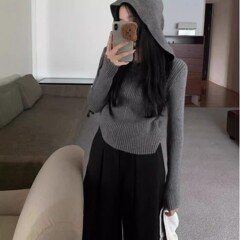 小香风复古灰色连帽卫衣毛衣外套女秋冬新款百搭针织衫配大衣上衣