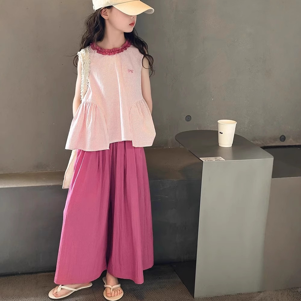Girls' Summer Sleeveless Outfit 2025 New Big Kids Summer Top Children's Wide-Leg Pants Long Pants Two-Piece Set Wholesale