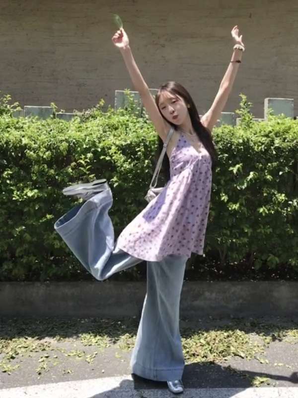 美式复古浅蓝色高腰阔腿牛仔裤女夏季薄款小个子宽松显瘦直筒长裤|undefined