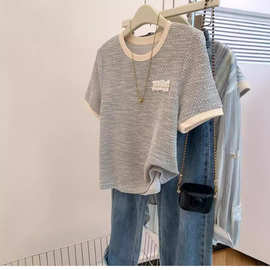 小香风短袖t恤衫女夏季2024新款设计感小众法式条纹正肩半袖上衣