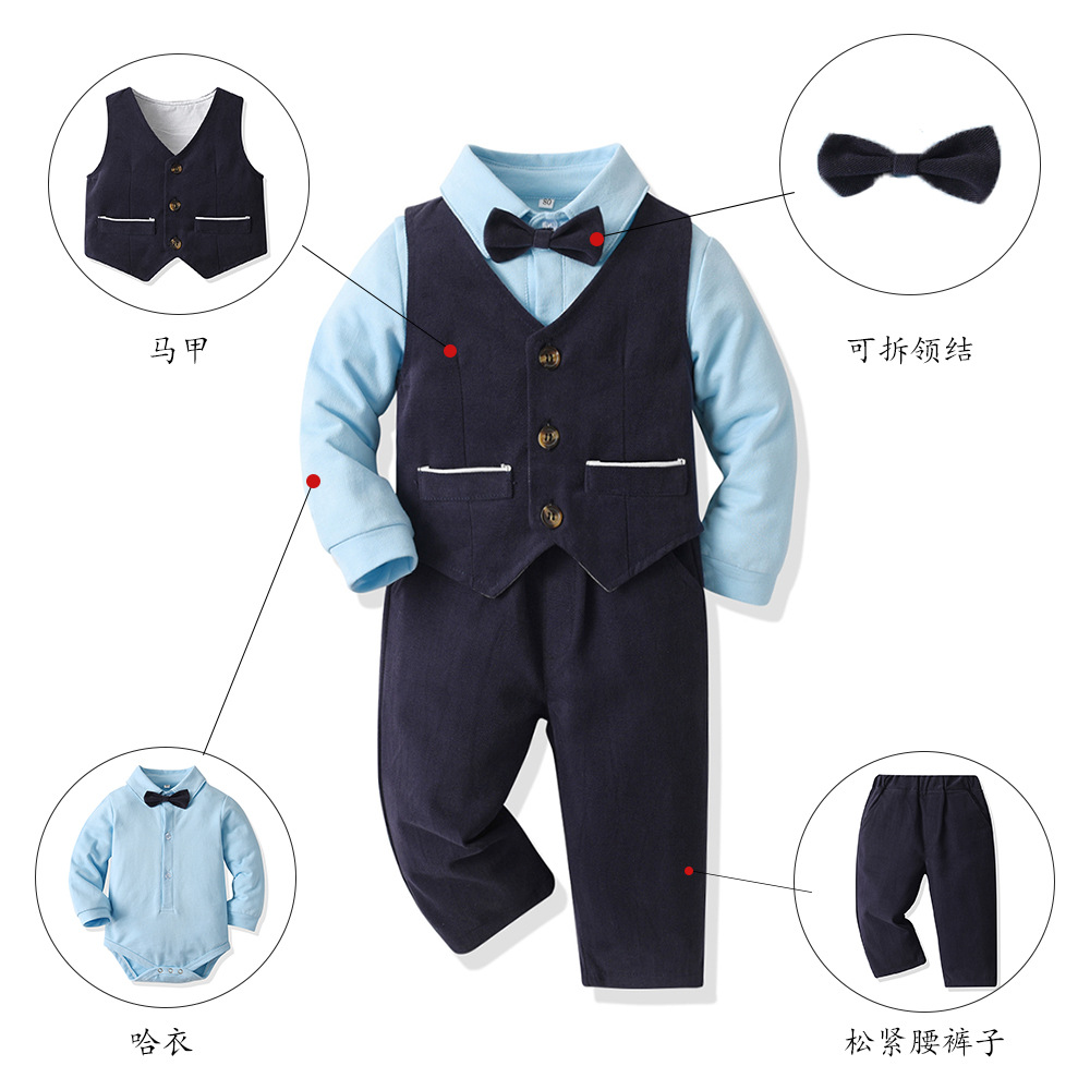 婴幼童马甲三件套秋长袖翻领蝴蝶结连体哈衣松紧长裤外贸童装批发