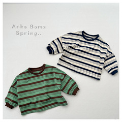 Spring and Autumn New Korean Style Children's Striped Top Loose Sweatshirt Unisex Baby Retro Overshouldered Long-Sleeve T-Shirt